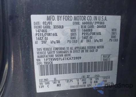 2001 Ford F-150 Harley-Davidson Edition/King Ranch Edition/Lariat/Xlt from USA, damaged, VIN 1FTRW07L41KA75909